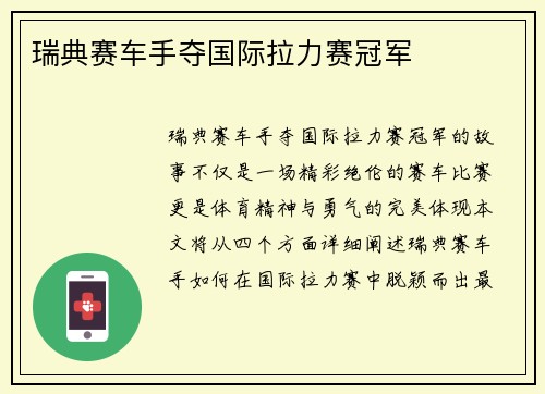 瑞典赛车手夺国际拉力赛冠军